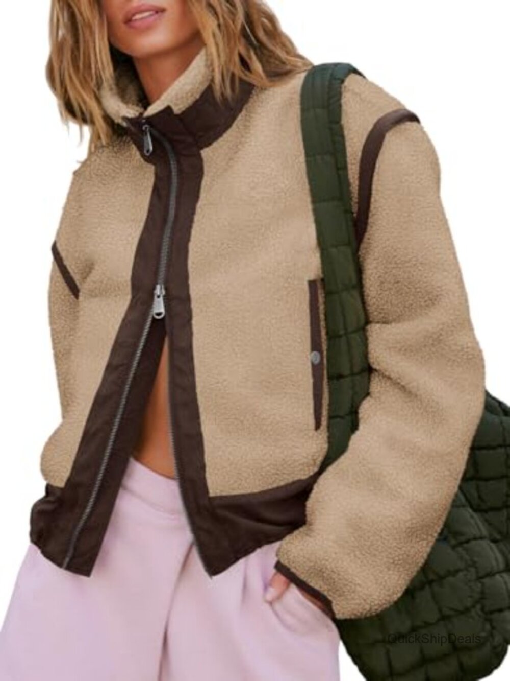 Womens Cropped Fleece Jacket Sherpa Coat Winter Teddy Outerwear Zip Up